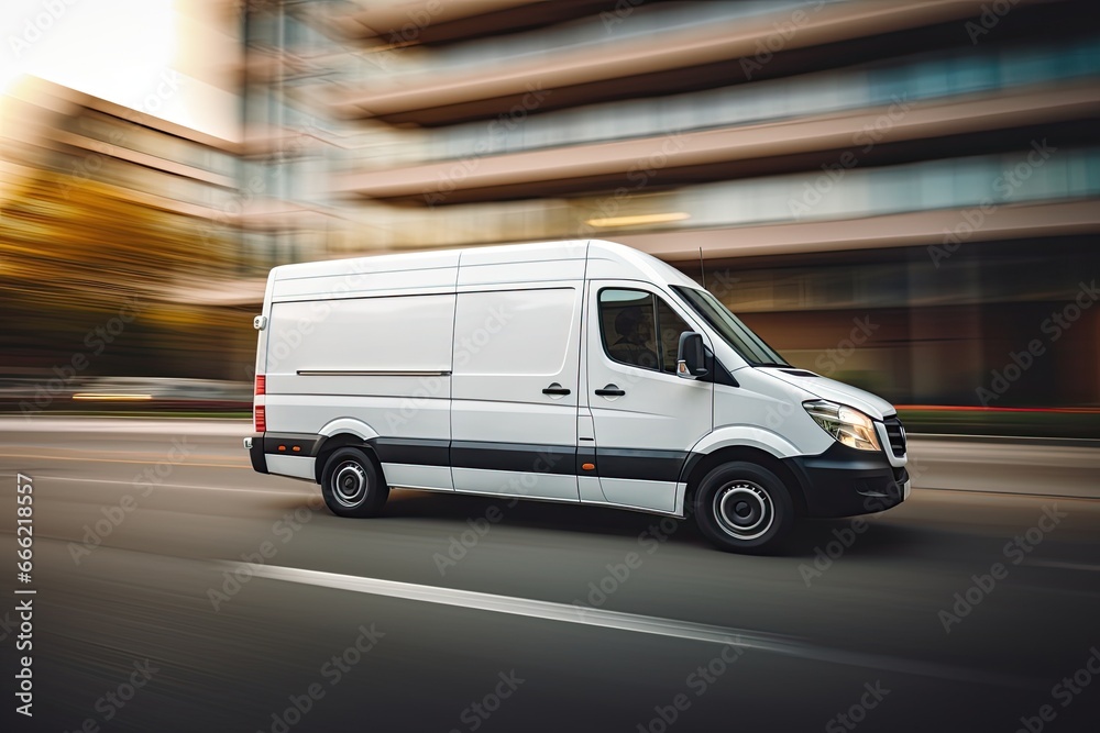 a white package delivery and logistics vehicle automobile van moving fast in urban city on a road - obrazy, fototapety, plakaty 