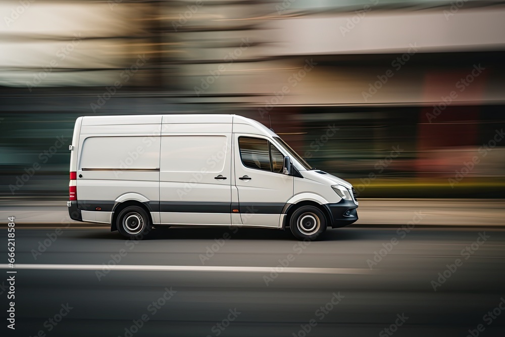 a white package delivery and logistics vehicle automobile van moving fast in urban city on a road