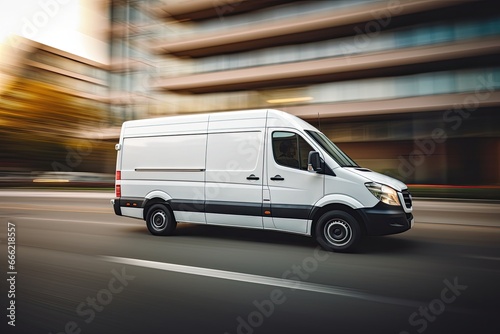 a white package delivery and logistics vehicle automobile van moving fast in urban city on a road photo