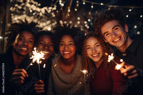 grupo de jovenes vestidos de fiesta haciéndose un selfie con fuegos artificiales de fondo y bengalas en la mano photo