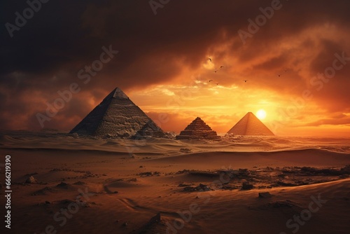 eerie sunset over sandy desert with historic pyramids. Generative AI © Phoenix