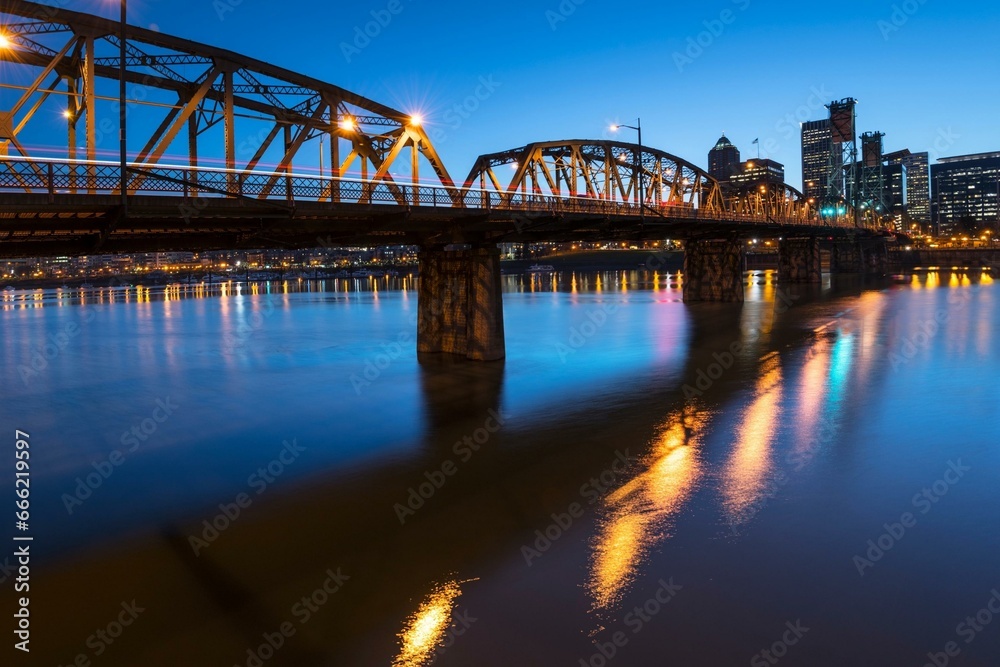 4K Image: Portland, Oregon USA at Dusk from Willamette River, City Lights Reflecting on Water
