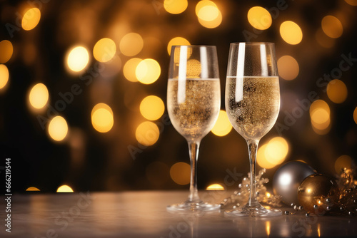 Two glasses of champagne and christmas decorations on bokeh background