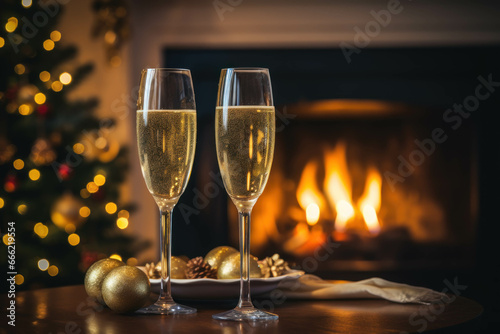Two glasses of champagne on the background of a fireplace and Christmas tree