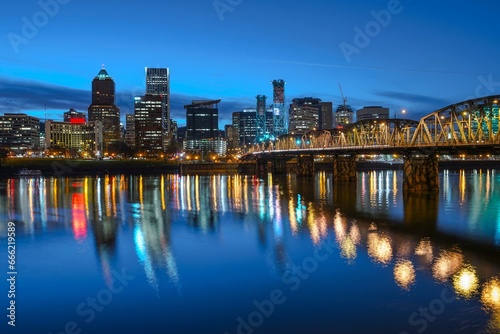 4K Image: Portland, Oregon USA at Dusk from Willamette River, City Lights Reflecting on Water
