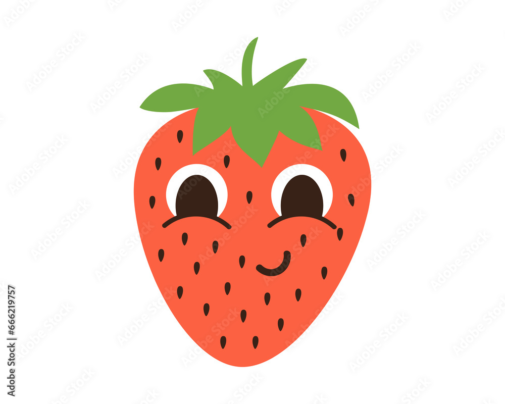 Obraz premium Happy strawberry character. Cute funny berry smiling face emotion. Vector illustration