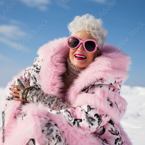 Happily and cheerfully, the grandmother, a retired lady, is enjoying the snow and winter magic during her winter vacation. Fun time outside in thick warm winter clothes.
