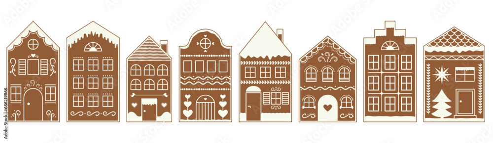 Set of Gingerbread house cookies with icing ornament. Christmas ginger village. Sweet biscuit holiday decoration. Vector illustration 