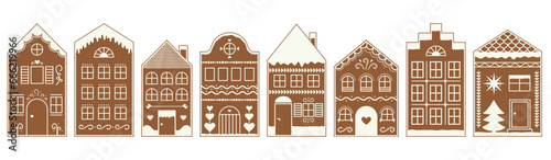 Set of Gingerbread house cookies with icing ornament. Christmas ginger village. Sweet biscuit holiday decoration. Vector illustration 
