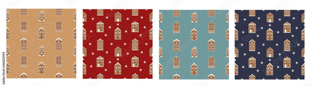 Seamless pattern set of sweet gingerbread houses decorated sugar icing. Christmas City houses with snow, stars. Winter holiday background. Vector illustration Seamless pattern set of sweet gingerbread houses decorated sugar icing. Christmas City houses with snow, stars. Winter holiday background. Vector illustration