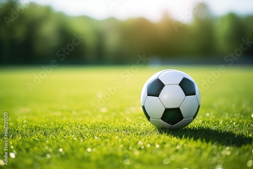 Classic black and white soccer ball on green grass. Active lifestyle, amateur football, street soccer, activity for children, teenagers, summer camp concept