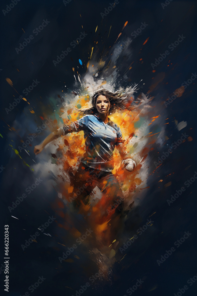 abstract image of a female soccer player in an explosion of paint
