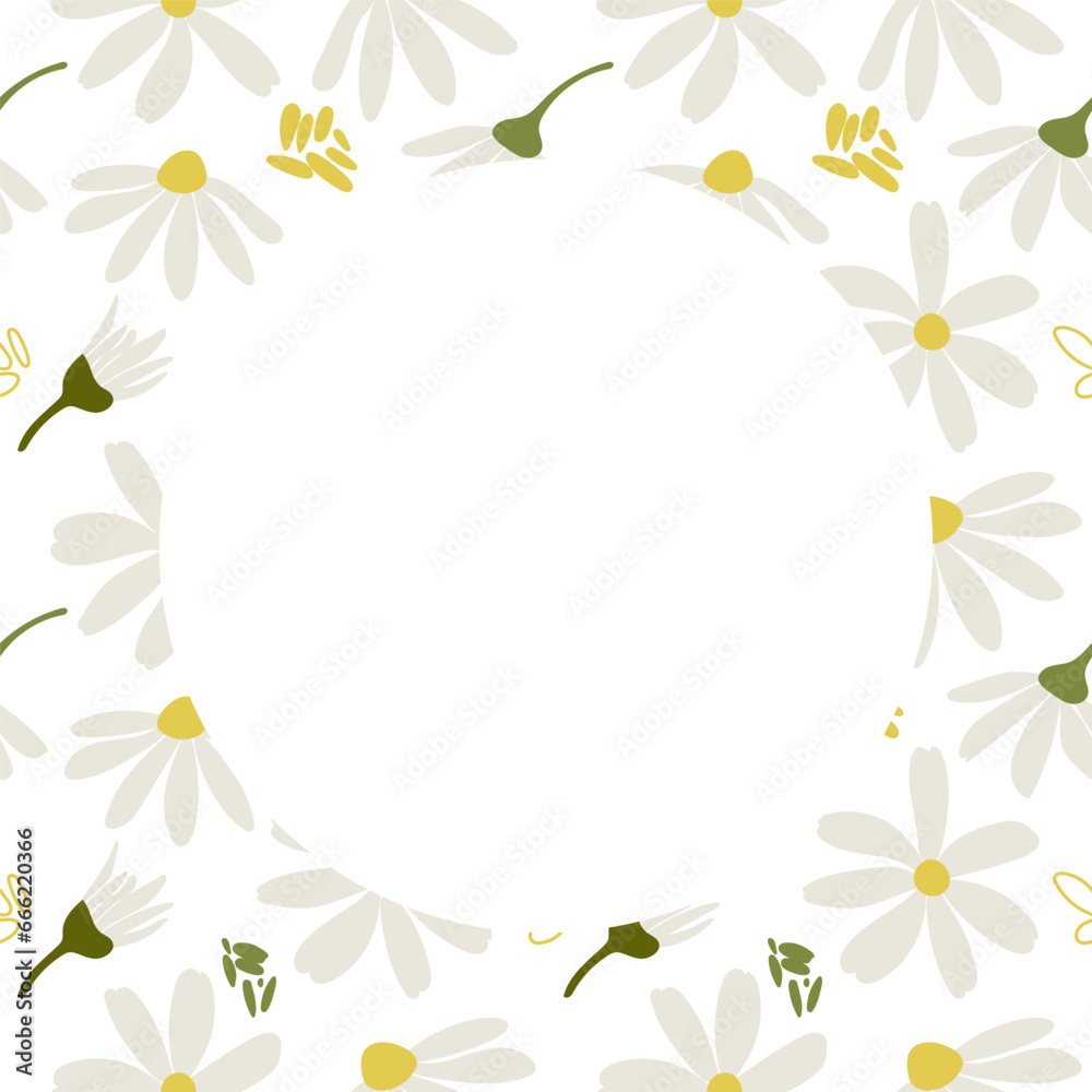 Template with White daisy, chamomile flowers. Vector illustration set. Cute round flower head plant nature collection. Decoration element with space for text. Flat design for cards, packaging.