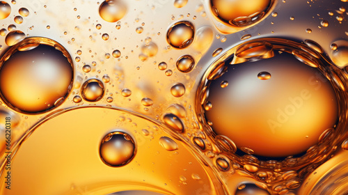 Oil bubbles background with AI-generated golden liquid drops. Abstract transparent liquid fluid splash with bubbling patterns.