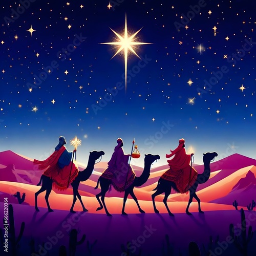 Fotografija A creative depiction of Reyes Magos illustration in a starry night