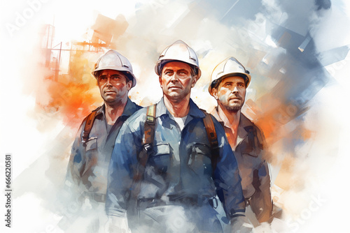 Group of workman in watercolor style, Generative AI photo