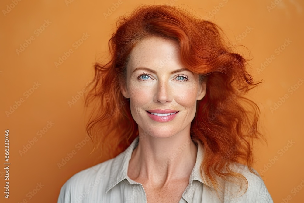 A happy and attractive redhead woman, radiating natural beauty and joy in her portrait A happy and attractive redhead woman, radiating natural beauty and joy in her portrait