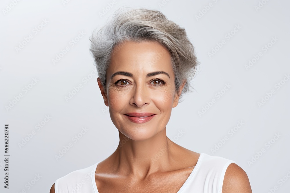 A happy and confident mature woman, exuding natural beauty and elegance, in her modern studio portrait. A happy and confident mature woman, exuding natural beauty and elegance, in her modern studio portrait.