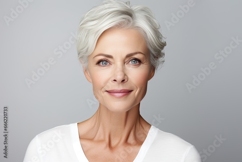 A happy and confident mature woman with attractive natural beauty and a radiant smile.
