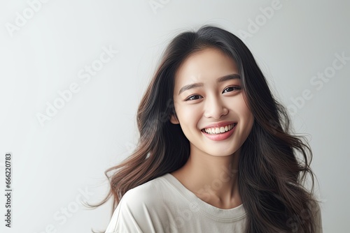 A young Asian woman with a pretty smile, exuding happiness and a cheerful demeanor in her autumn-themed portrait.