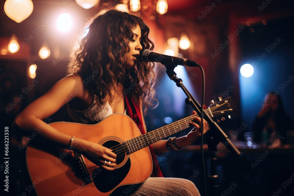 In a charming pub, a talented female singer-songwriter graces the stage, delivering heartfelt ballads with her soulful voice.  - obrazy, fototapety, plakaty 