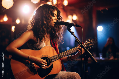 In a charming pub, a talented female singer-songwriter graces the stage, delivering heartfelt ballads with her soulful voice. 