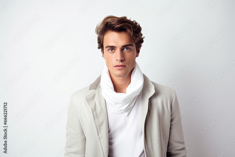 A stylish and confident young adult male in a gray shirt poses in a studio portrait, exuding a modern and trendy look. A stylish and confident young adult male in a gray shirt poses in a studio portrait, exuding a modern and trendy look.