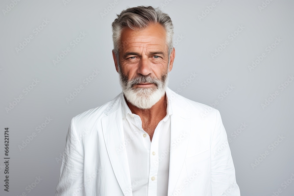 A serious and thoughtful senior Caucasian businessman with grey hair stands confidently in a studio portrait, radiating intelligence and success.