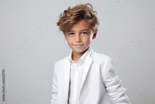 A cute young Caucasian boy with blond hair and expressive blue eyes smiles confidently in a formal portrait.