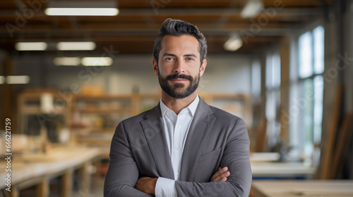 A male architect in a design studio, standing confidently and looking directly at the camera