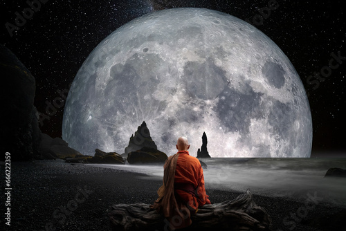 Buddhist monk observing the moon