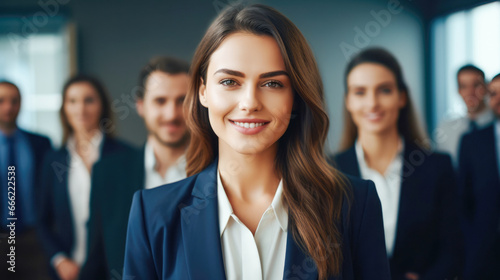 Businesswoman in business suit standing in front of people.