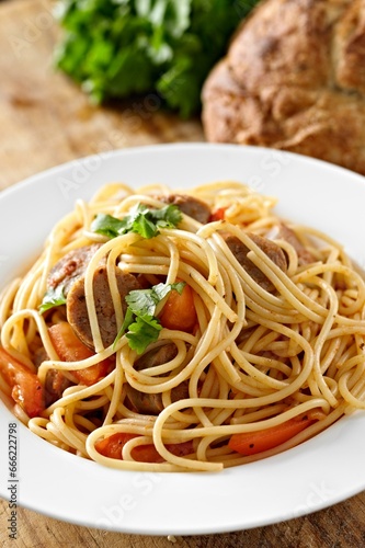 4K Image: Hearty Spaghetti with Savory Sausage, a Pasta Delight