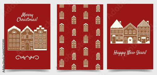 Christmas and New Year greeting card templates with gingerbread houses. Postcard with holiday wishes on red background. Festive poster set. Vector illustration