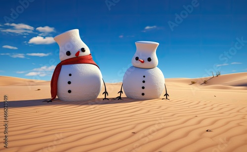 holiday banner cute smiling snowman in the desert photo