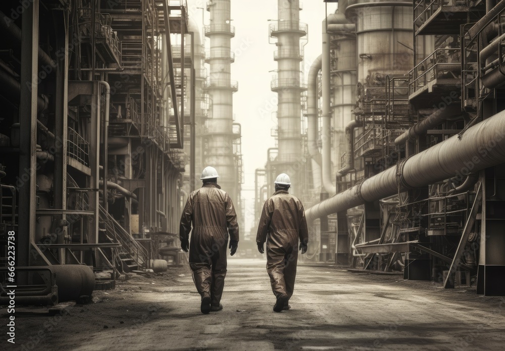Fototapeta premium Engineers are inspecting and working in an oil refinery industrial plant