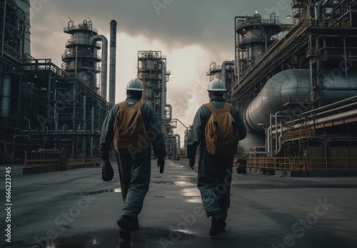 Engineers are inspecting and working in an oil refinery industrial plant photo