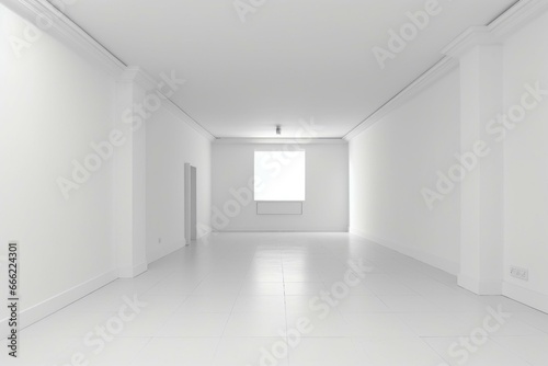 3D depiction of vacant wall in a white room. Generative AI