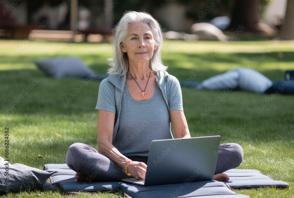 attractive women sitting at yoga class on fitness mat while watching fitness videos using laptop during video training attractive women sitting at yoga class on fitness mat while watching fitness videos using laptop during video training