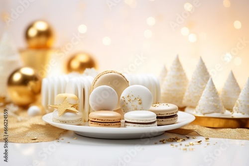White and gold colored luxury elegantly macarons for Christmas and cozy blur background photo