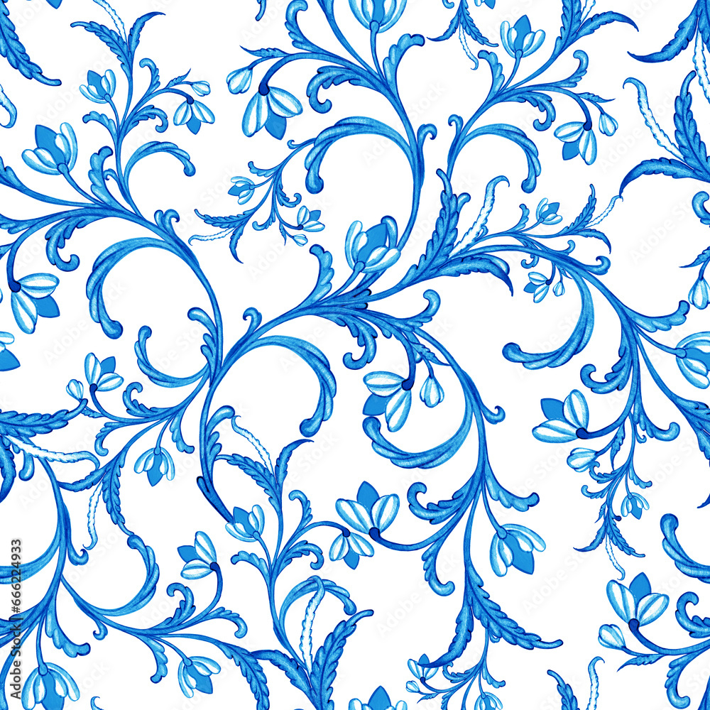 Ceramic tile design in blue colors. Sicilian seamless ornament. Baroque watercolor background. Hand drawn royal ornament. Mediterranean Italian print. - obrazy, fototapety, plakaty 