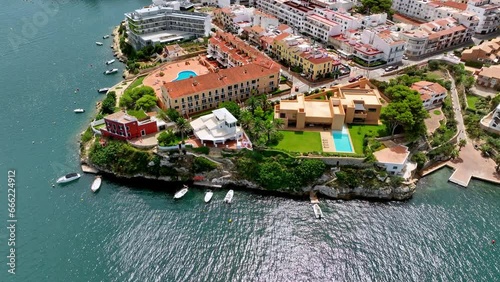 Aerial shot showcasing Mahon's waterfront properties in Minorca.