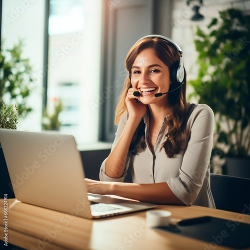 Friendly operator woman agent with headsets working in a call center