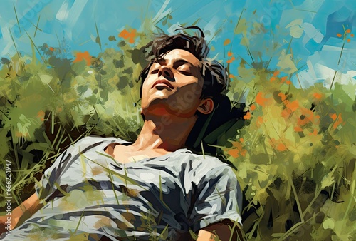 A young man is resting lying in the grass. photo