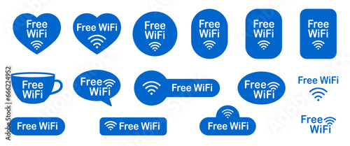 Free WiFi icons. Set of blue stickers. Free Wi-Fi zone. Speech bubble, coffee cup, heart. Public internet