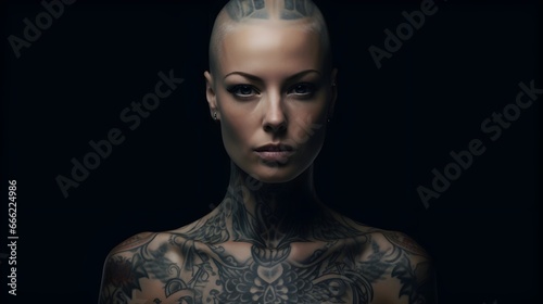 Samolepka A portrait of a tattooed American woman with a bald head.