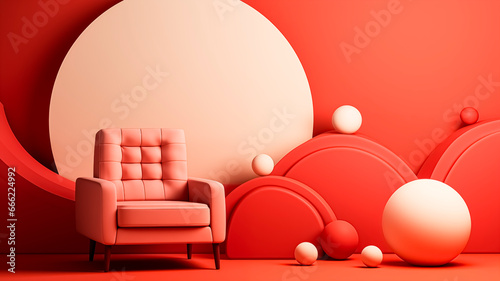 Comfortable armchair with round frame on red background. Minimalist Christmas concept.