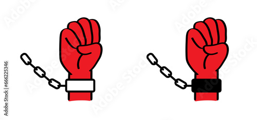 Human Rights Day. Chain of slavery, hand in handcuffs. Broken, chained, handcuffed hands. Slave iron, prisoner, problems, convict, freedom, debt, addiction liberty, liberation, slavery concept. Shackl