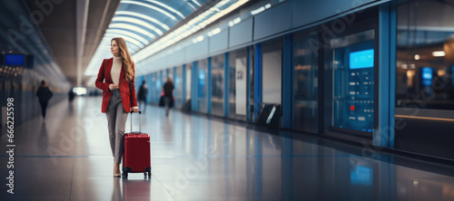 Young woman with suitcase at the airport terminal. Travel and tourism concept.