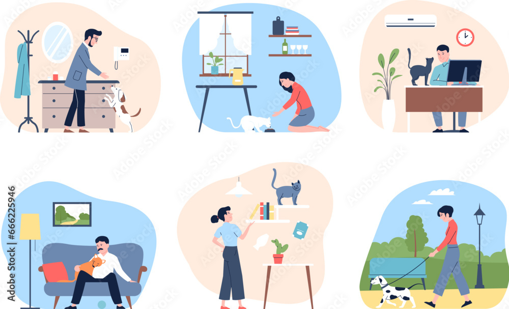 Pet owner at home and outdoor. People with cats and dogs, walking on nature, training and hugging. Animal care scenes recent flat vector graphic